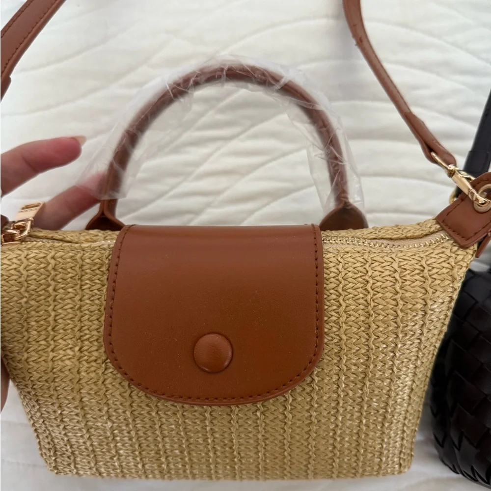 Brown Straw Crossbody Bag with Tan Leather Trim and Darker purple woven - Picture 3 of 8